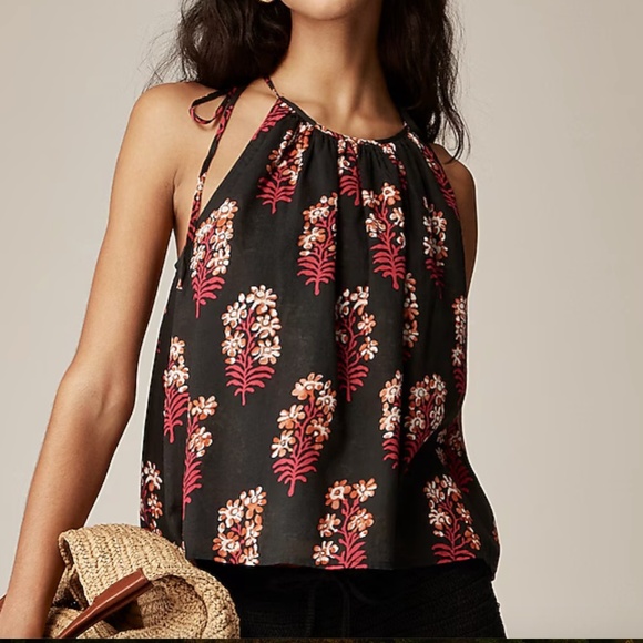 NWT J. Crew Tie-shoulder tank top in cocoa block-print cotton voile size XS - Picture 1 of 5